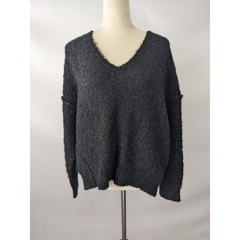 NWT Michael Stars Stacy Soft V-neck Pullover Sweater Black Large Saratoga Boucle